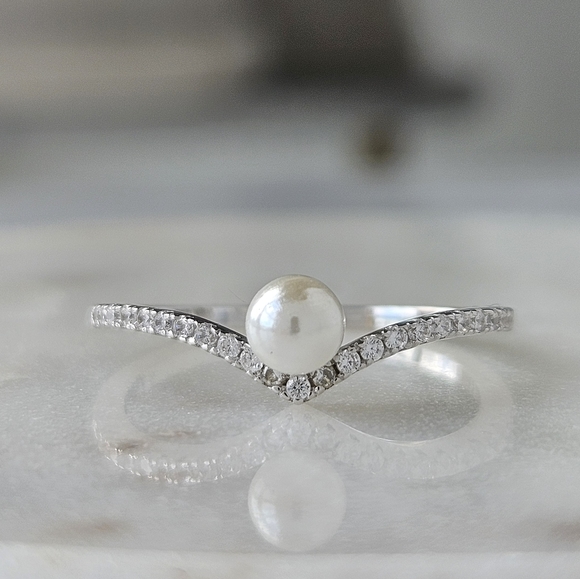 Dainty Pearl Wishbone Ring, 925 Sterling Silver Charmed Aroma - Picture 2 of 5